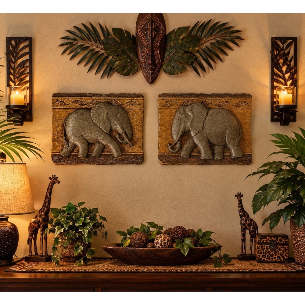 VTG Home Interiors Elephant Wall Plaques Set of 2 Molded Raised Relief
